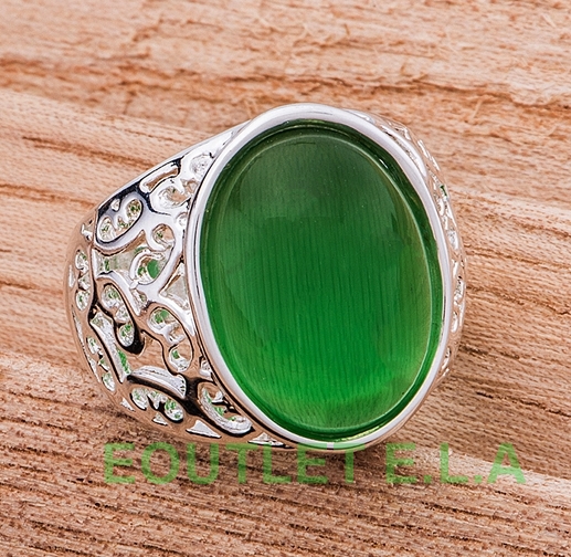 LARGE GREEN CRT CAT EYE STONE SILVER DRESS RING-size 8